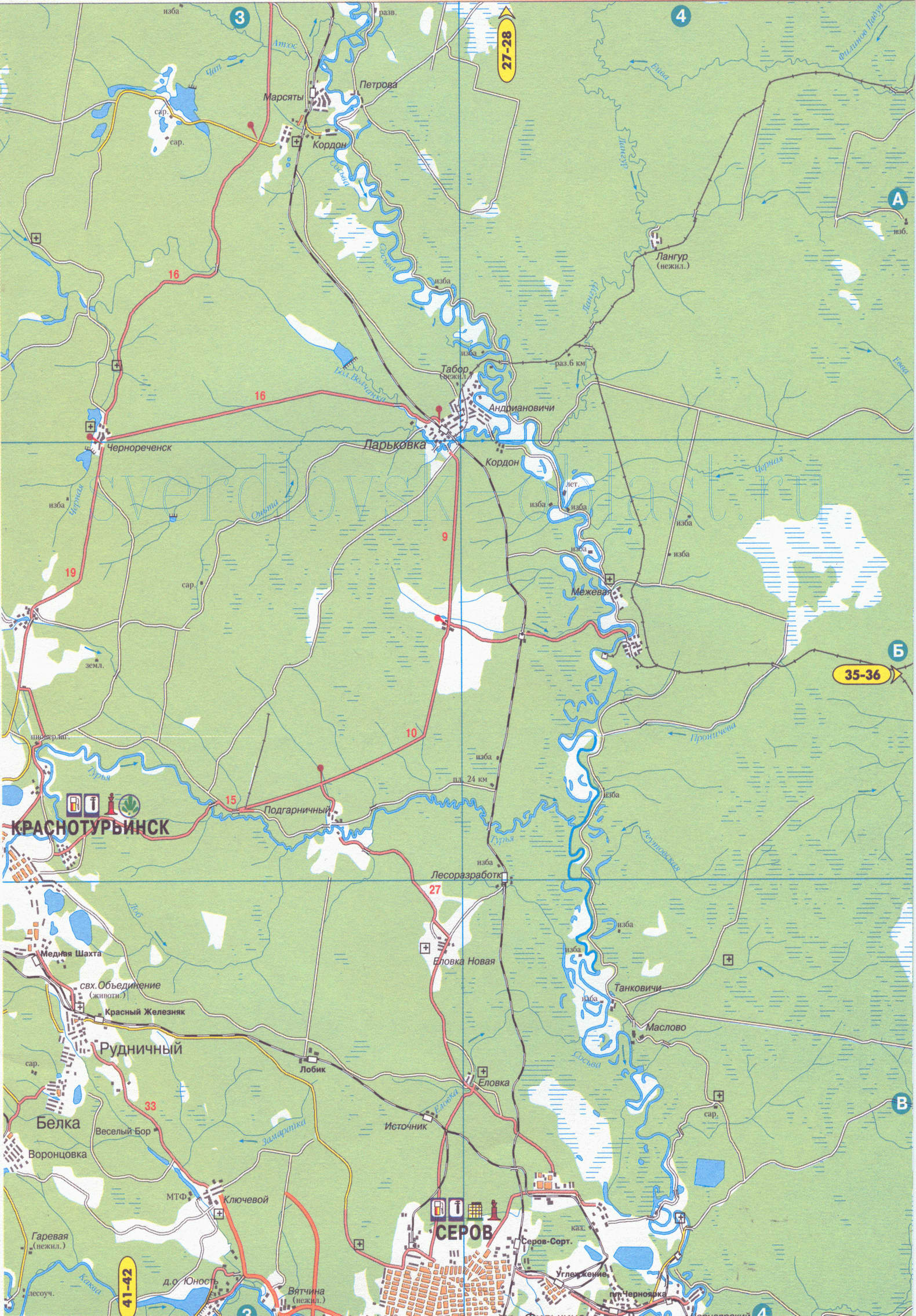 Карта города Краснотурьинск (62 тыс жителей). Карта окрестностей Краснотурьинска Свердловской области, B0 - 