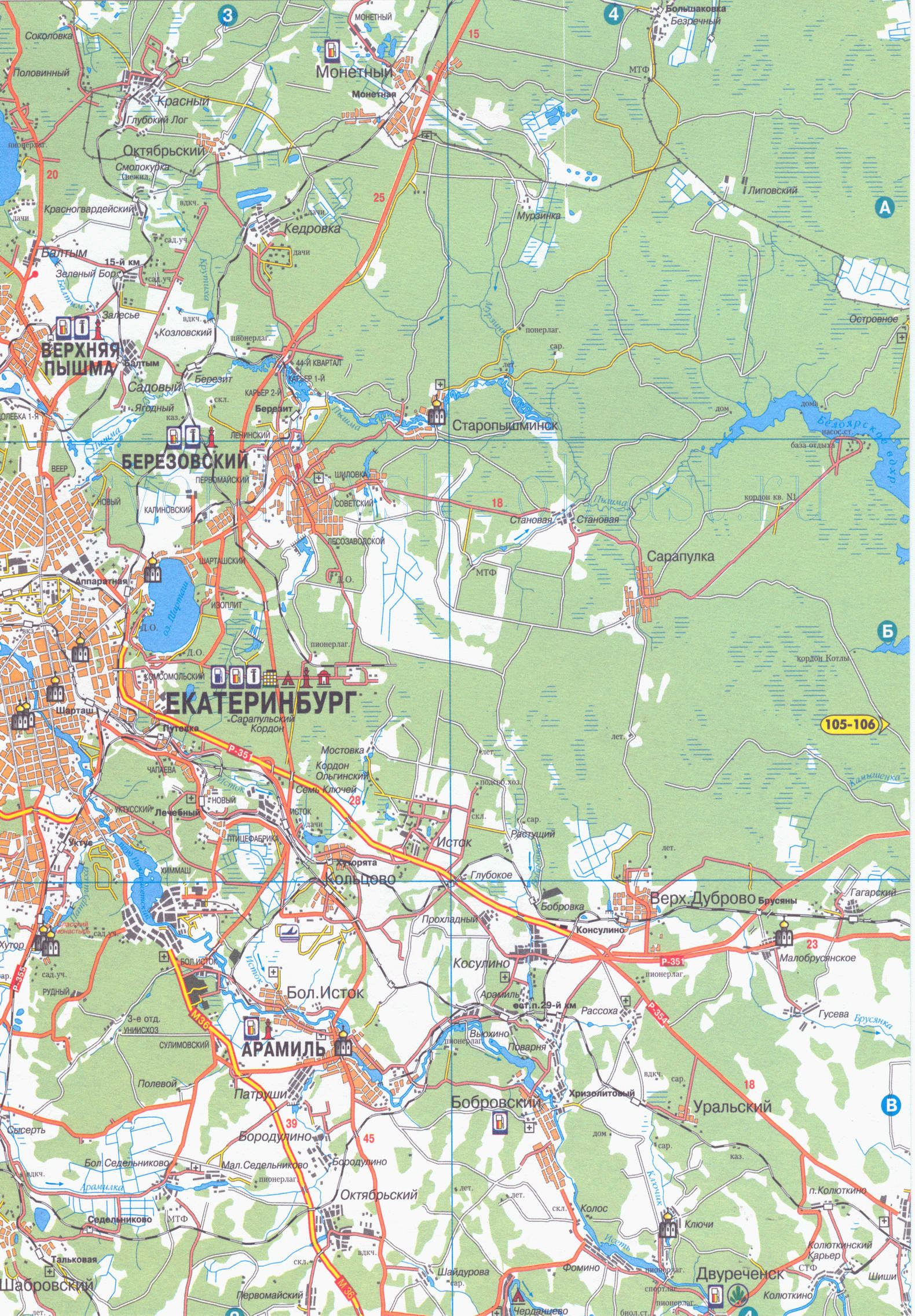 Карта окрестностей Екатеринбурга. Подробная карта пригородов Екатеринбурга, B0 - 